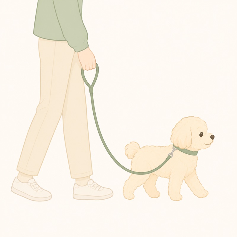 リードをゆるくU字にたるませて持ち、犬が横で引っ張らずに歩いているイラスト