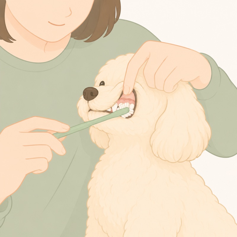 犬の上唇をめくって外側の歯を出し、犬用歯ブラシでやさしく磨いているイラスト