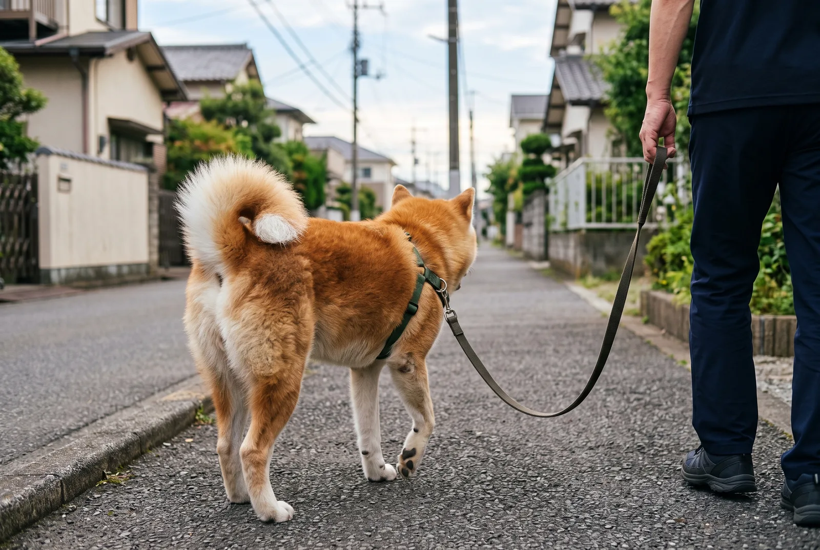 リードがU字にたるんだまま、人の横を歩く。力で止めるのではなく、引かない歩き方を子犬のうちに作る