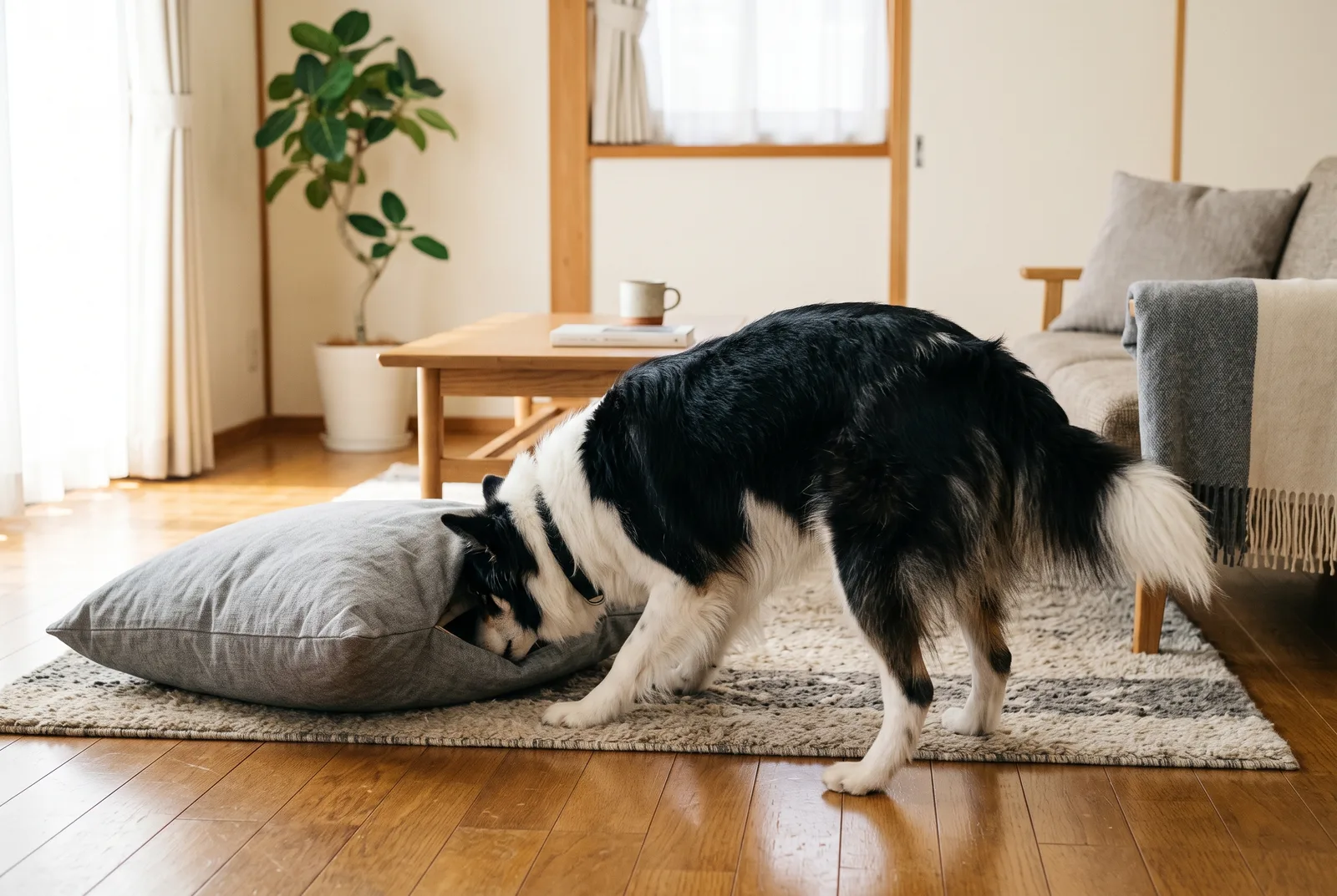 クッションの下に隠したおやつを鼻で探す。走らせるより、頭を使う遊びのほうが疲れる