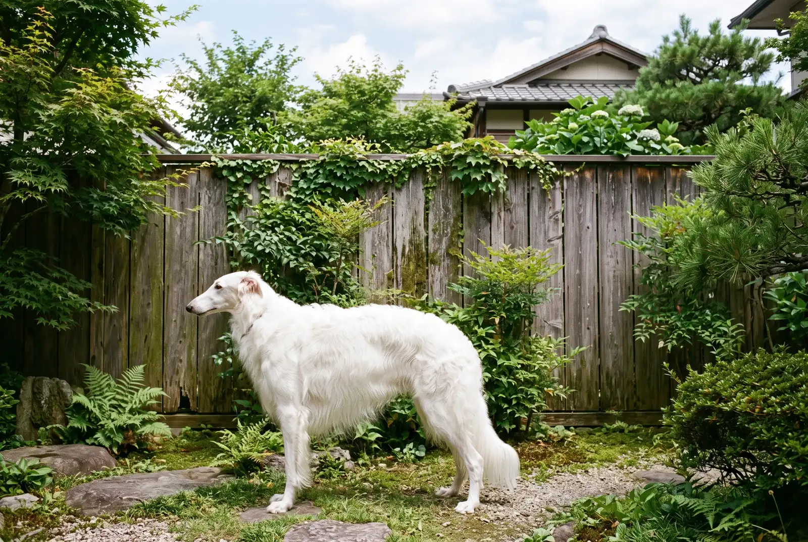 背の高い犬にとって、普通の柵は低い。柵の高さと下の隙間を、犬の背丈で確かめる