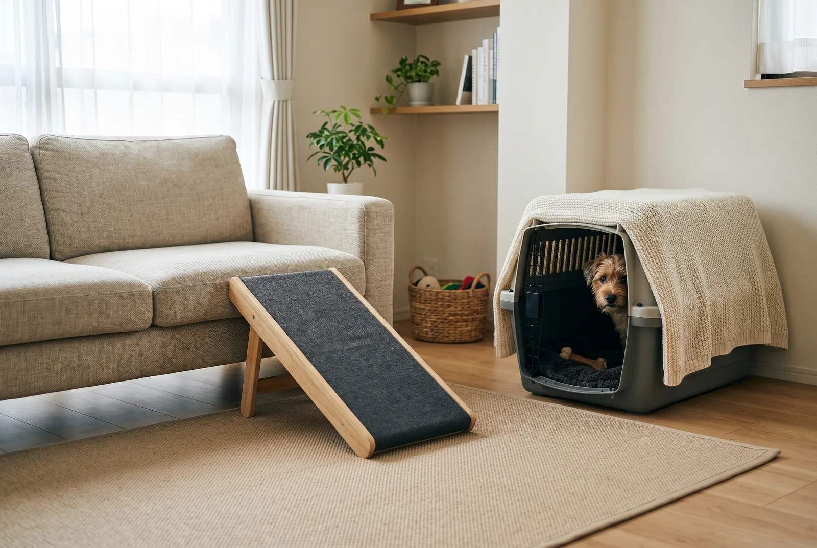 小型犬のために整えた部屋。ソファ横のスロープ、床のマット、自分で入れる毛布をかけたクレート