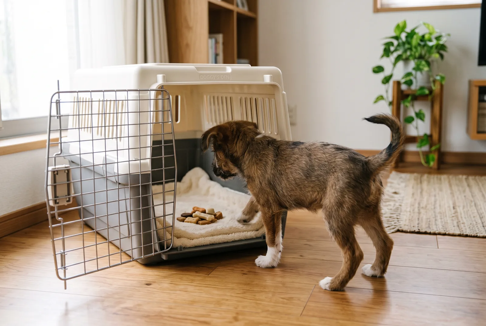 扉を開けたままのクレートにおやつを置き、子犬が自分から入るのを待つ