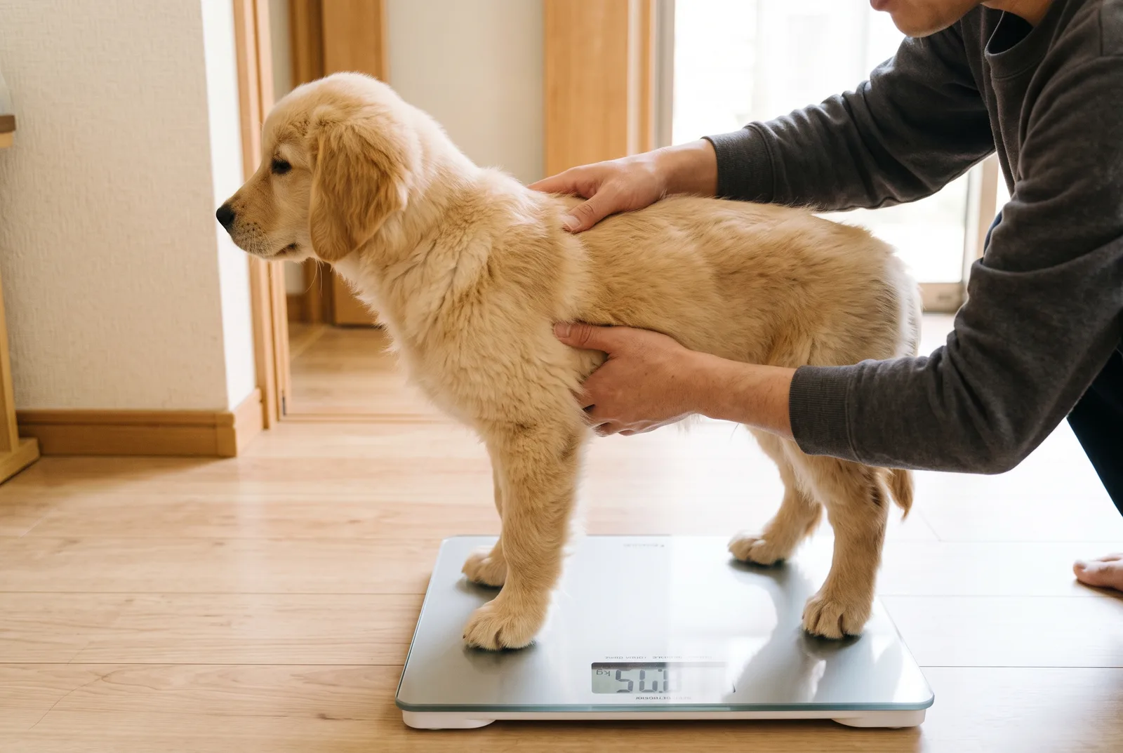 子犬のうちから体重を計る習慣をつける。太らせないことが関節のいちばんの予防
