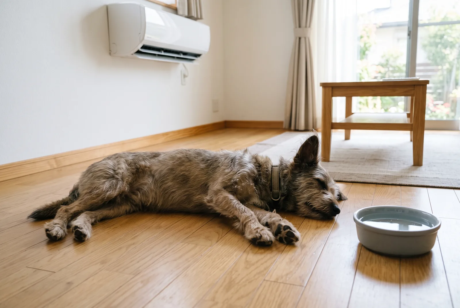 エアコンの効いた部屋で休む犬と、いつでも飲める水の器