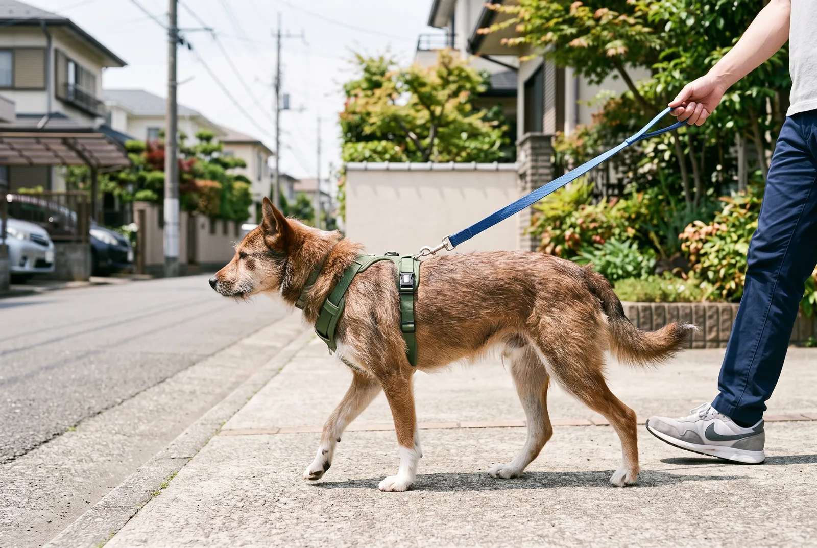 胸側で支えるハーネス。引っ張りが強い時期は首への負担を減らせる