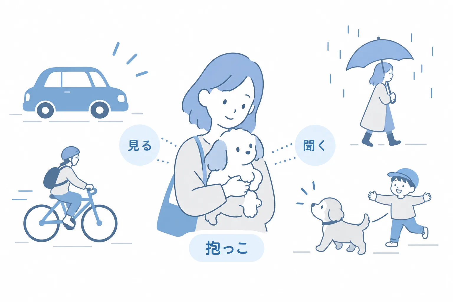 ワクチン前でも抱っこで社会化。抱っこした子犬に車、自転車、傘、別の犬、子どもを見せ、聞かせる