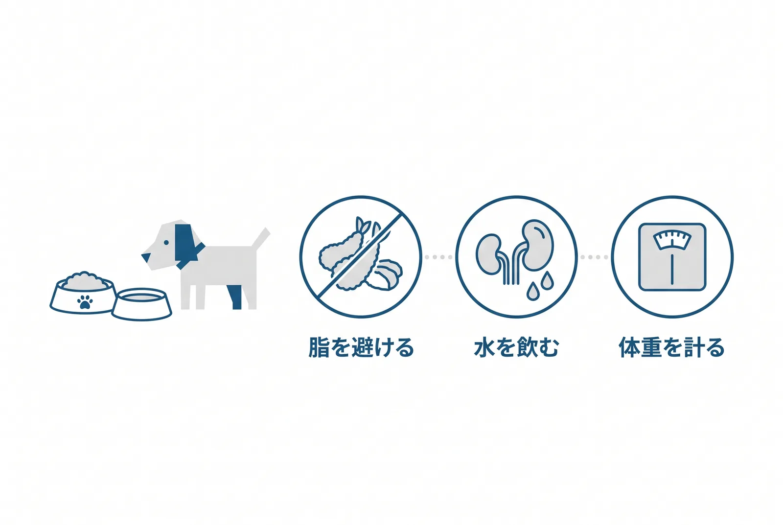 食事と体重で防ぐ三つ。脂を避ける、水をよく飲む、体重を計る
