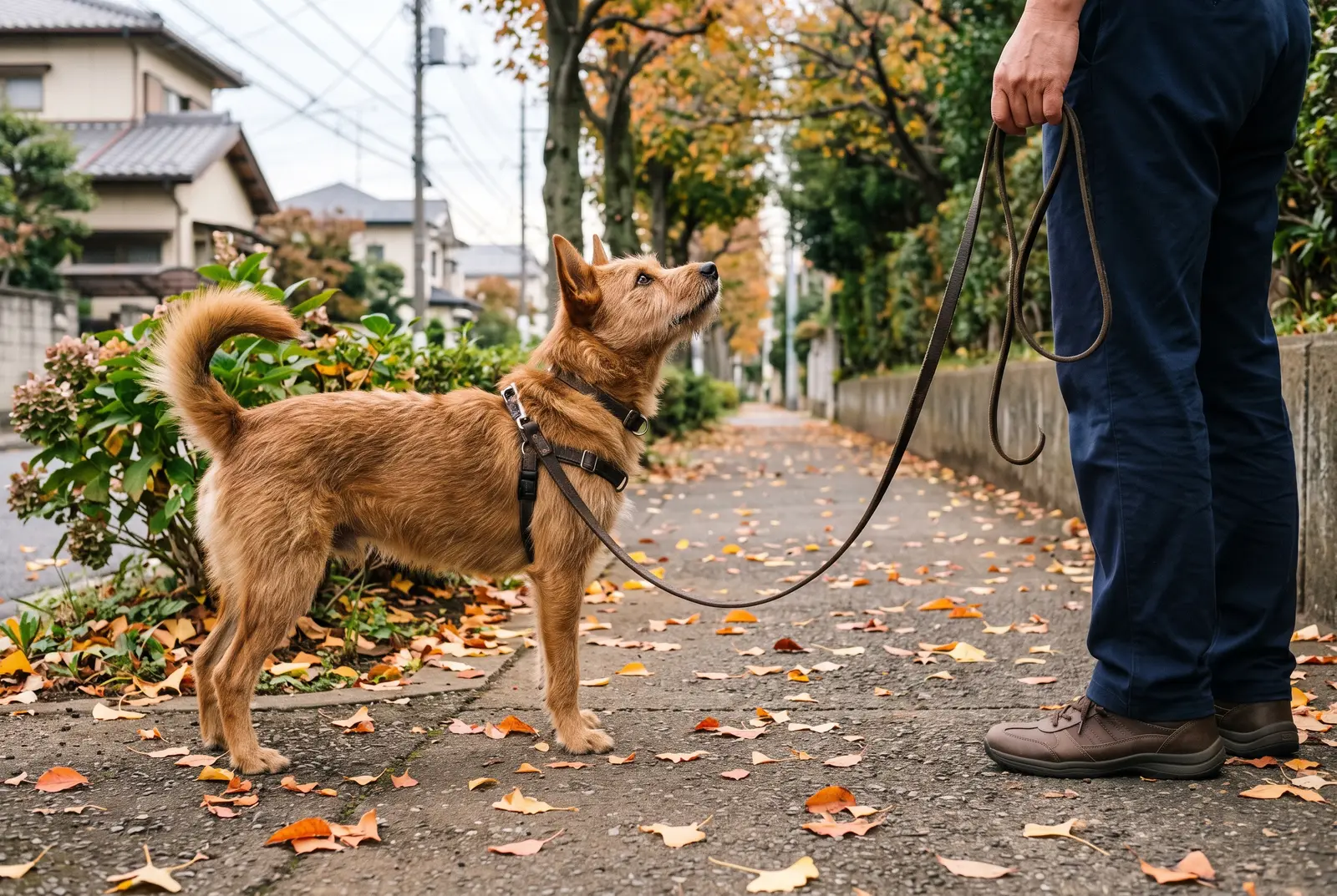 落ち葉のそばで立ち止まらず、リードをゆるめたまま飼い主を見上げる